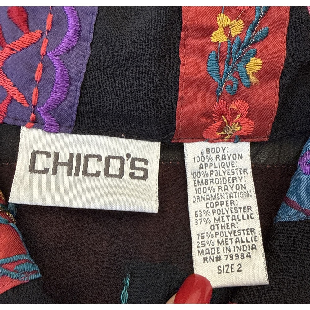 Chicos Patchwork Embroidered Button Front Jacket Multi Color Boho Size 2 - Picture 9 of 10